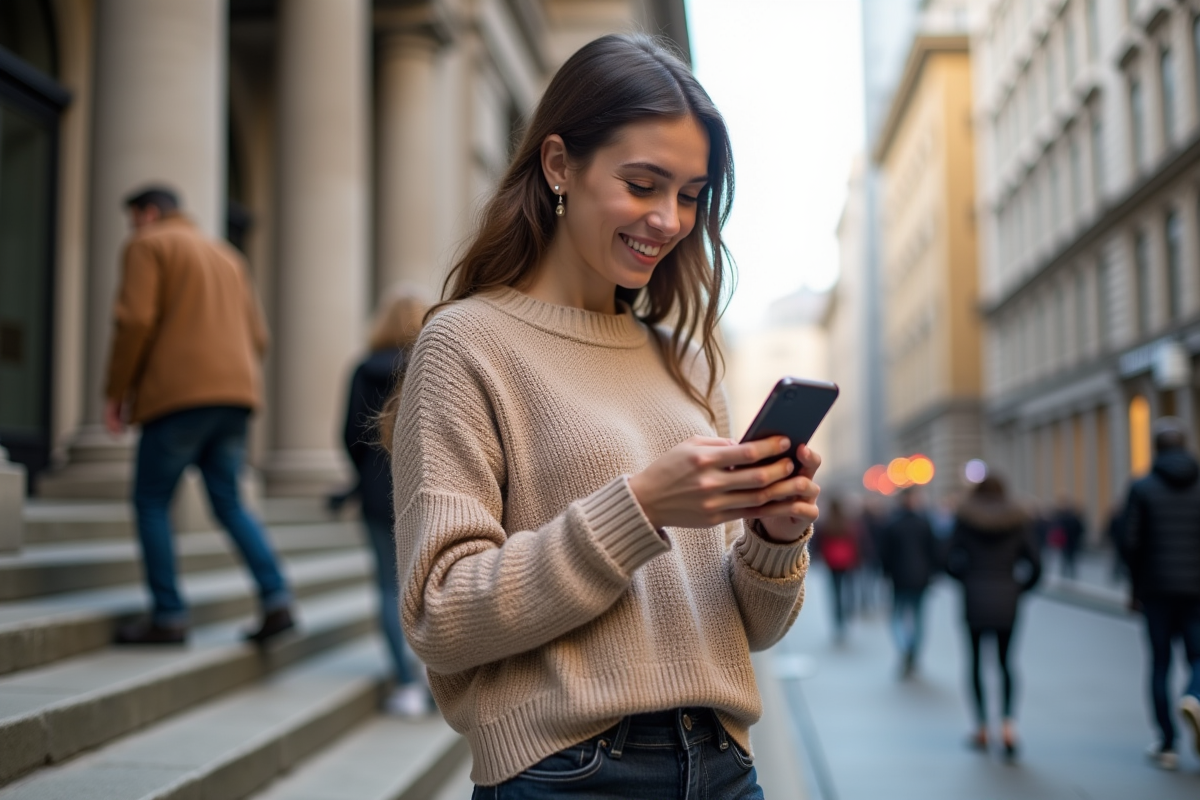 Jeune femme regardant des graphiques financiers en extérieur