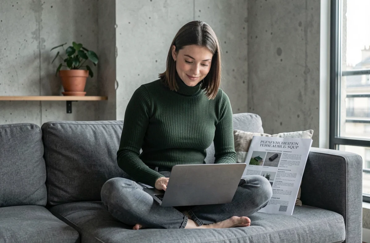 Jeune femme consultant un guide de style français sur son canapé dans un appartement parisien moderne