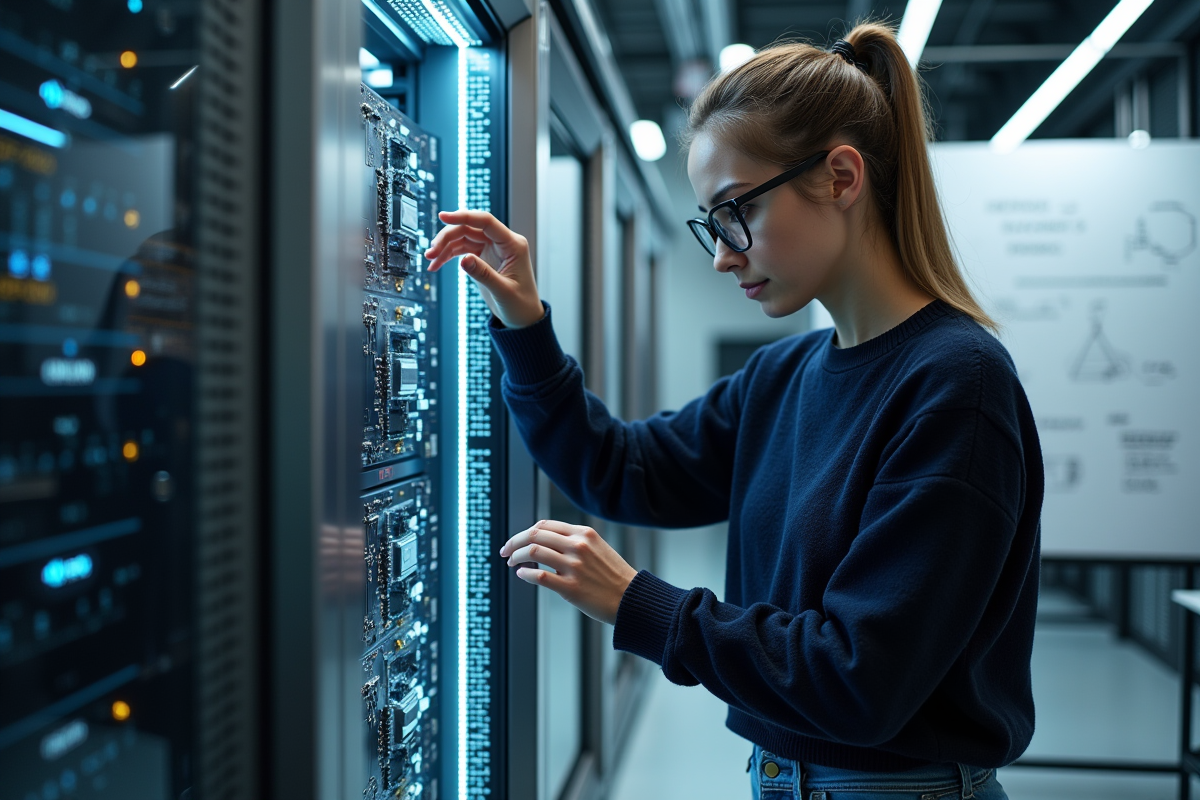 Jeune femme ingénieur examinant un circuit dans un environnement futuriste
