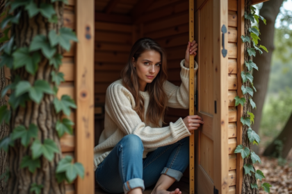 Jeune femme mesurant l'intérieur d'une cabane dans les arbres