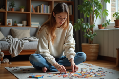Jeune femme assemble un puzzle coloré dans un salon cosy