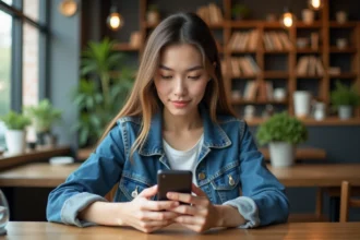Jeune femme en denim utilisant son smartphone dans un café