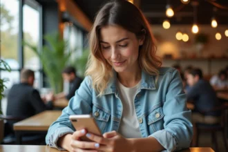 Jeune femme en denim utilisant son smartphone dans un café