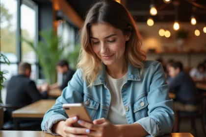 Jeune femme en denim utilisant son smartphone dans un café