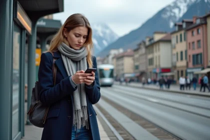 Jeune femme vérifiant l'horaire du tram à Grenoble