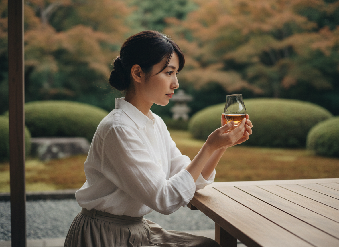 Jeune femme japonaise dégustant whisky en extérieur