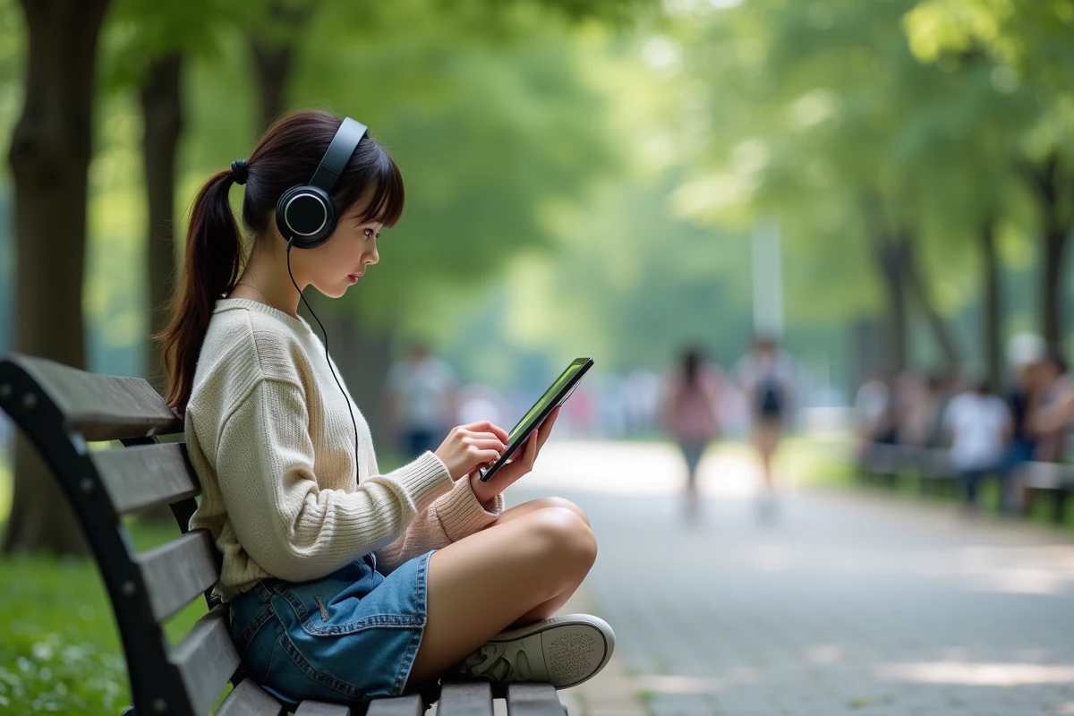 Fille ado écoutant musique lisant manga dans un parc urbain