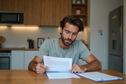 Jeune homme étudiant un contrat de location dans une cuisine
