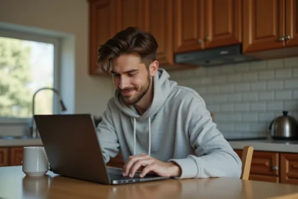 Jeune homme lisant manga sur ordinateur dans une cuisine chaleureuse