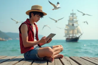 Jeune homme lisant manga sur une tablette au bord de la mer