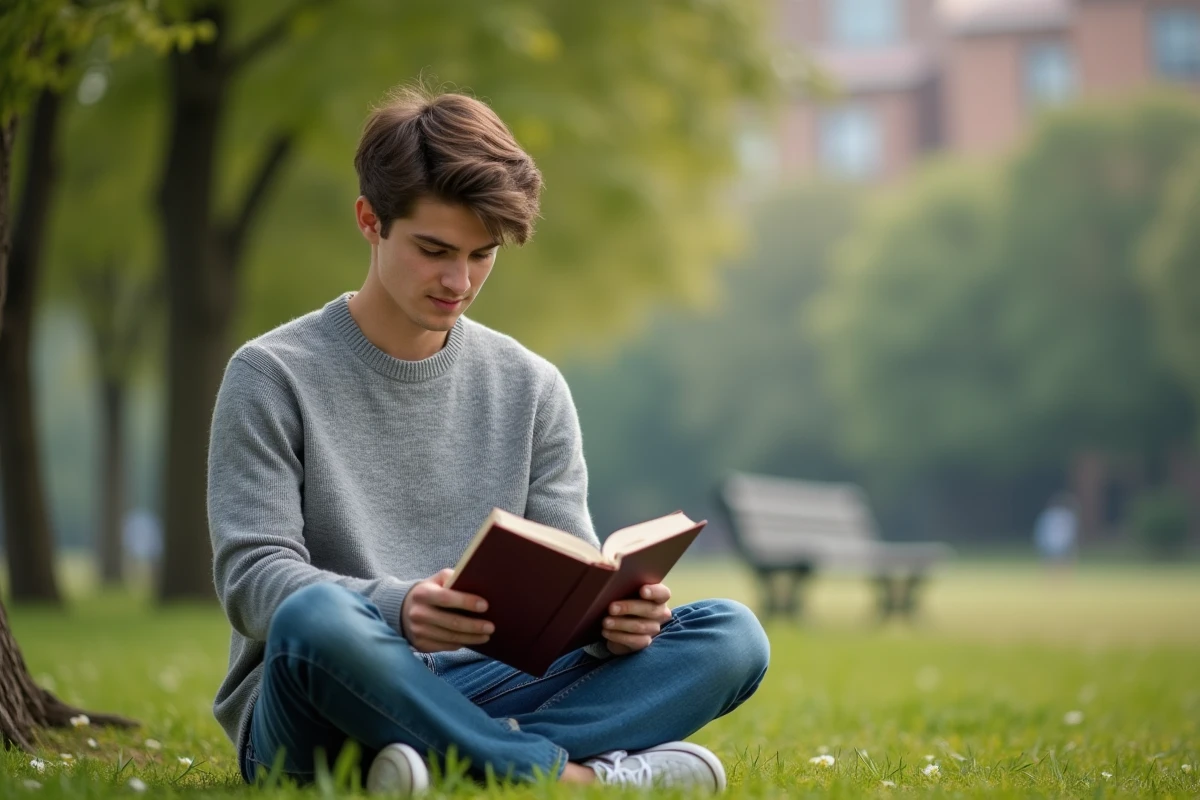 Jeune homme lisant dans un parc urbain paisible