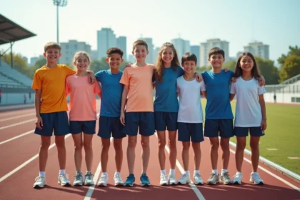 Groupe d'adolescents sportifs souriants sur piste d'athlétisme
