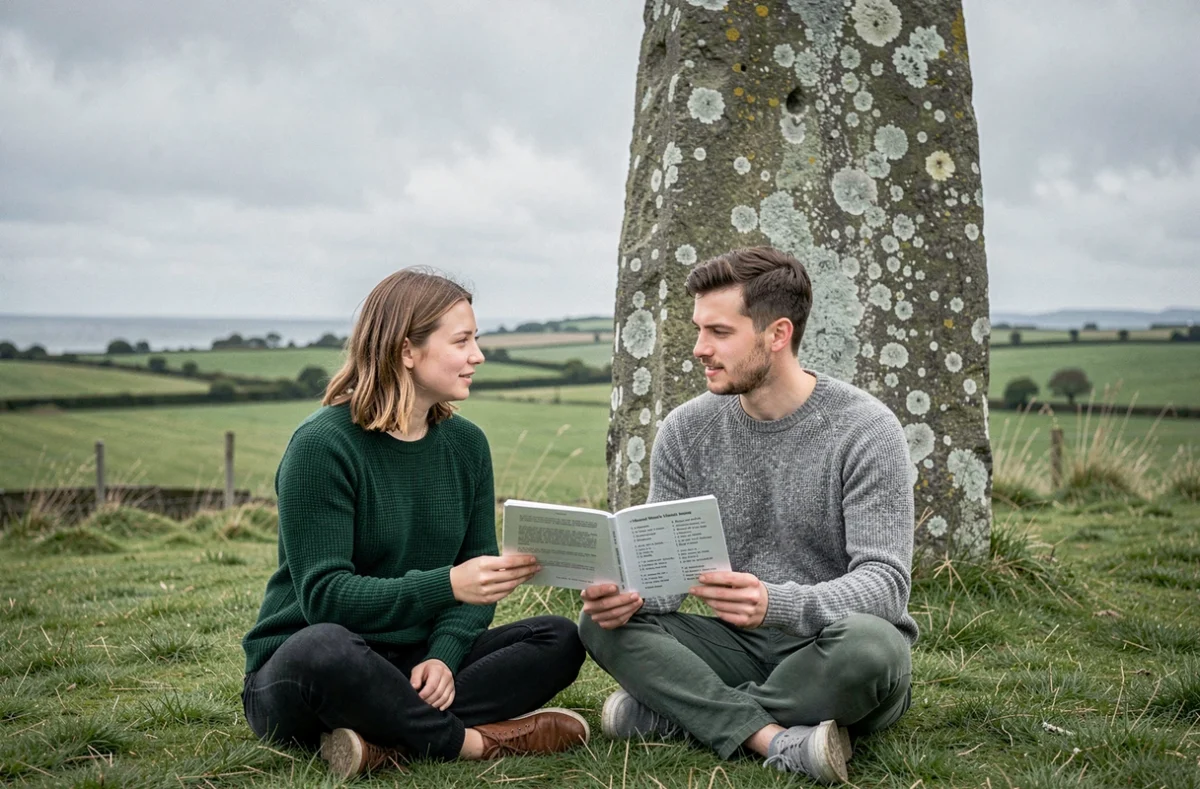 Deux jeunes adultes bretons consultant un recueil de gwers assis devant un menhir dans un paysage rural de Bretagne