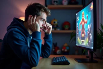 Joueur frustré devant son écran face à un bug de quête dans un jeu vidéo de fantasy