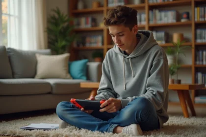 Jeune adulte gamer assis sur le sol avec Switch et notes