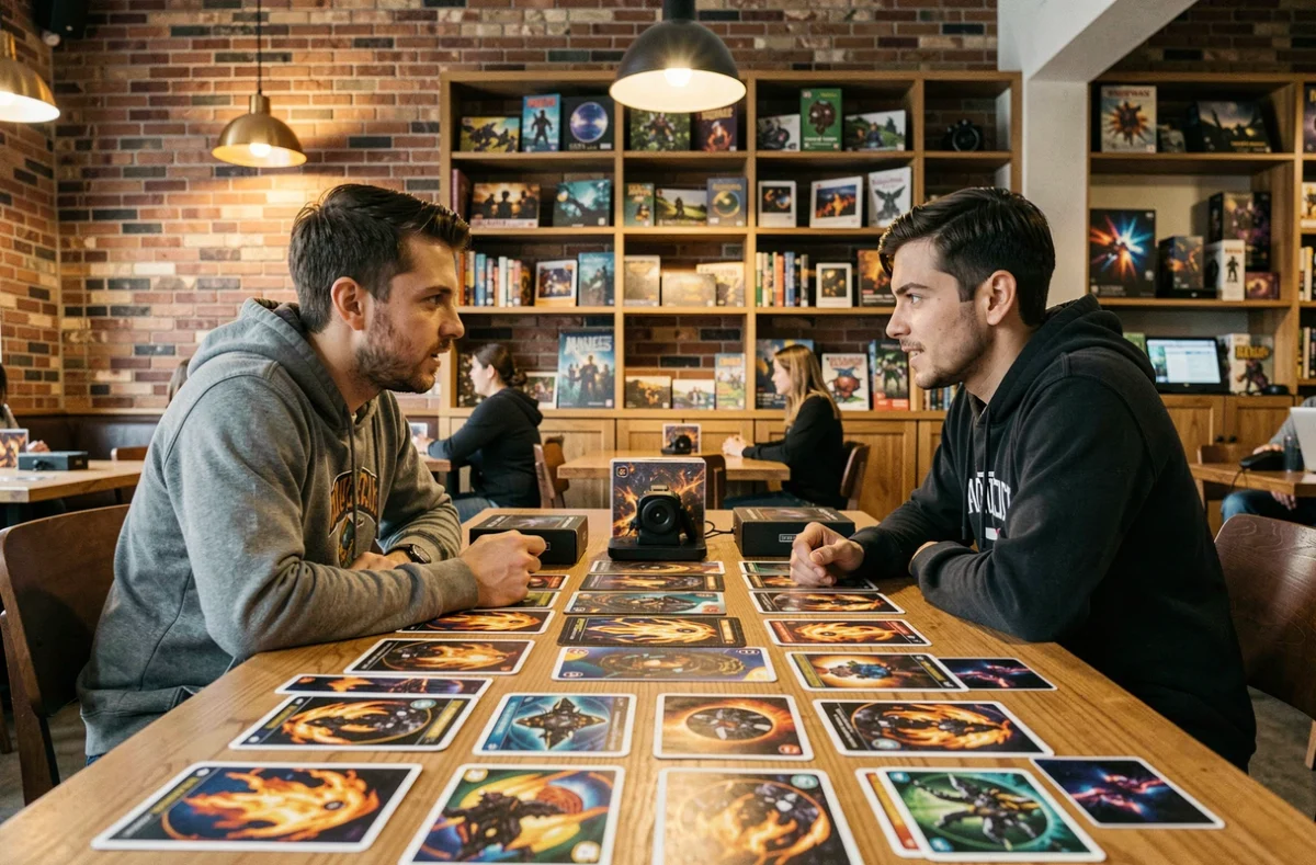 Deux joueurs en discussion autour de cartes illustrées représentant des méga évolutions et flammes fantasmagoriques dans un café de jeux de société