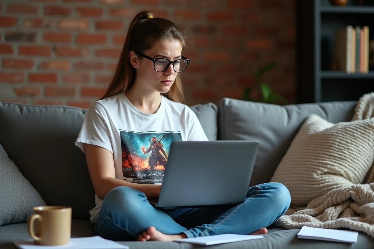 Joueuse perplexe devant un bug de validation de quête sur son ordinateur portable