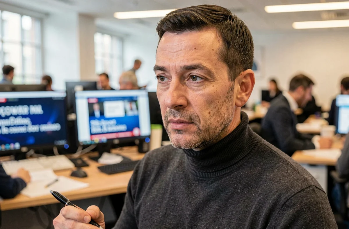 Journaliste politique masculin en pull col roulé gris, stylo en main, expression analytique dans une salle de rédaction parisienne