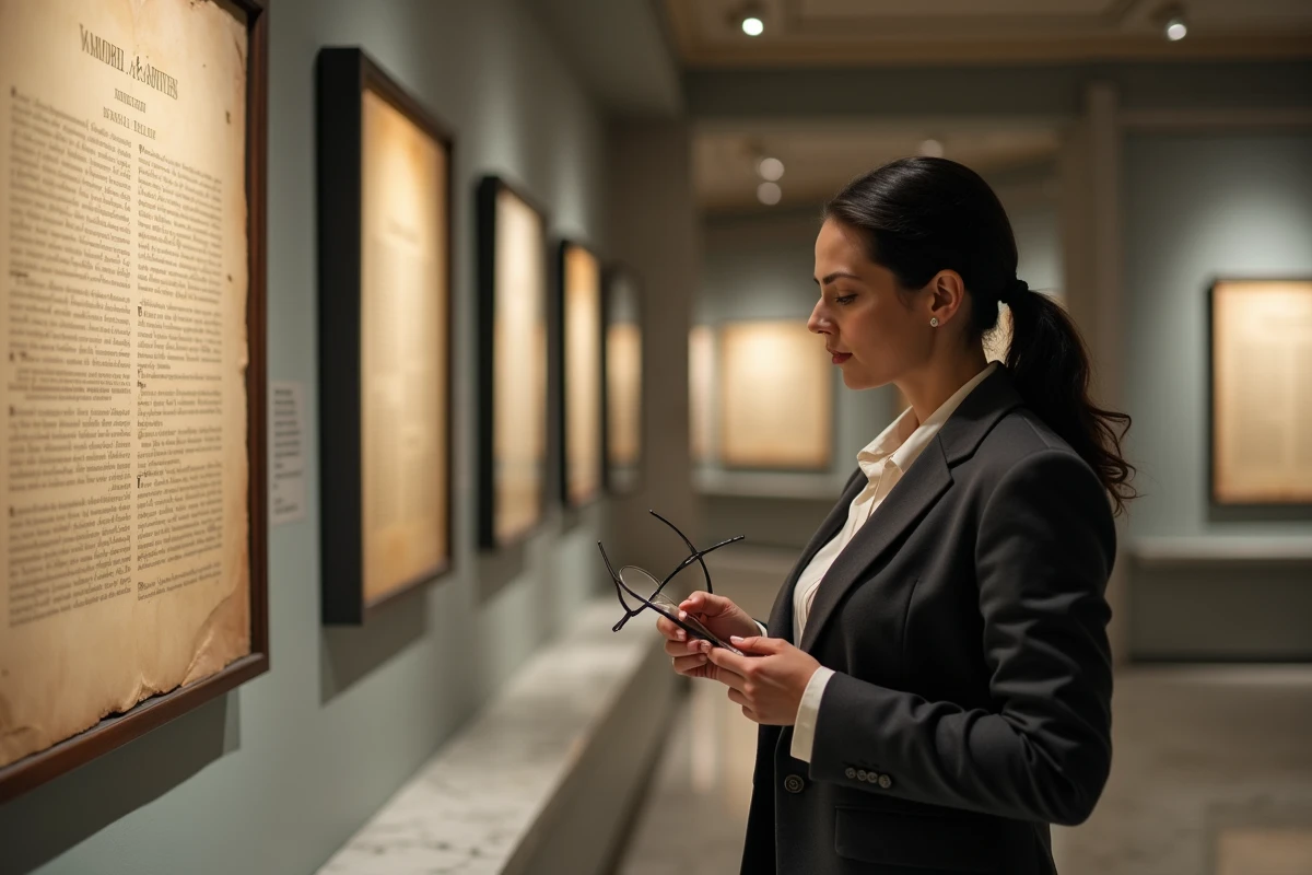 Juriste examinant une reproduction du Code Napoléon dans un musée d'archives juridiques françaises