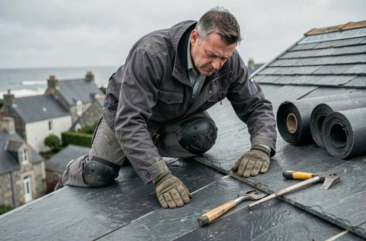 Couvreur de Le Corre Couverture posant une membrane d'étanchéité sous une ardoise en Finistère