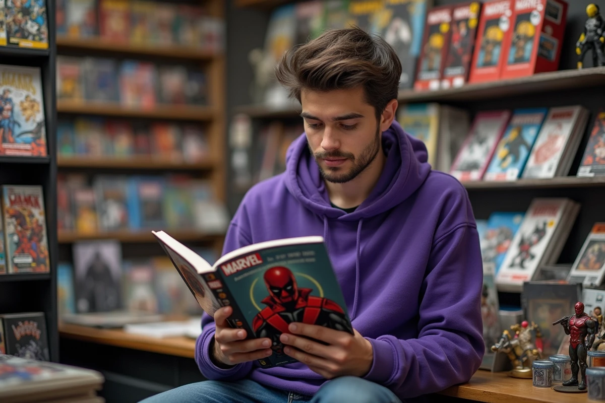 Jeune homme lisant un comics Hawkeye de Clint Barton dans une boutique de bandes dessinées Marvel