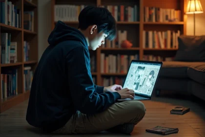 Jeune homme lisant du manga en ligne sur un ordinateur portable entouré de volumes physiques dans un appartement cosy
