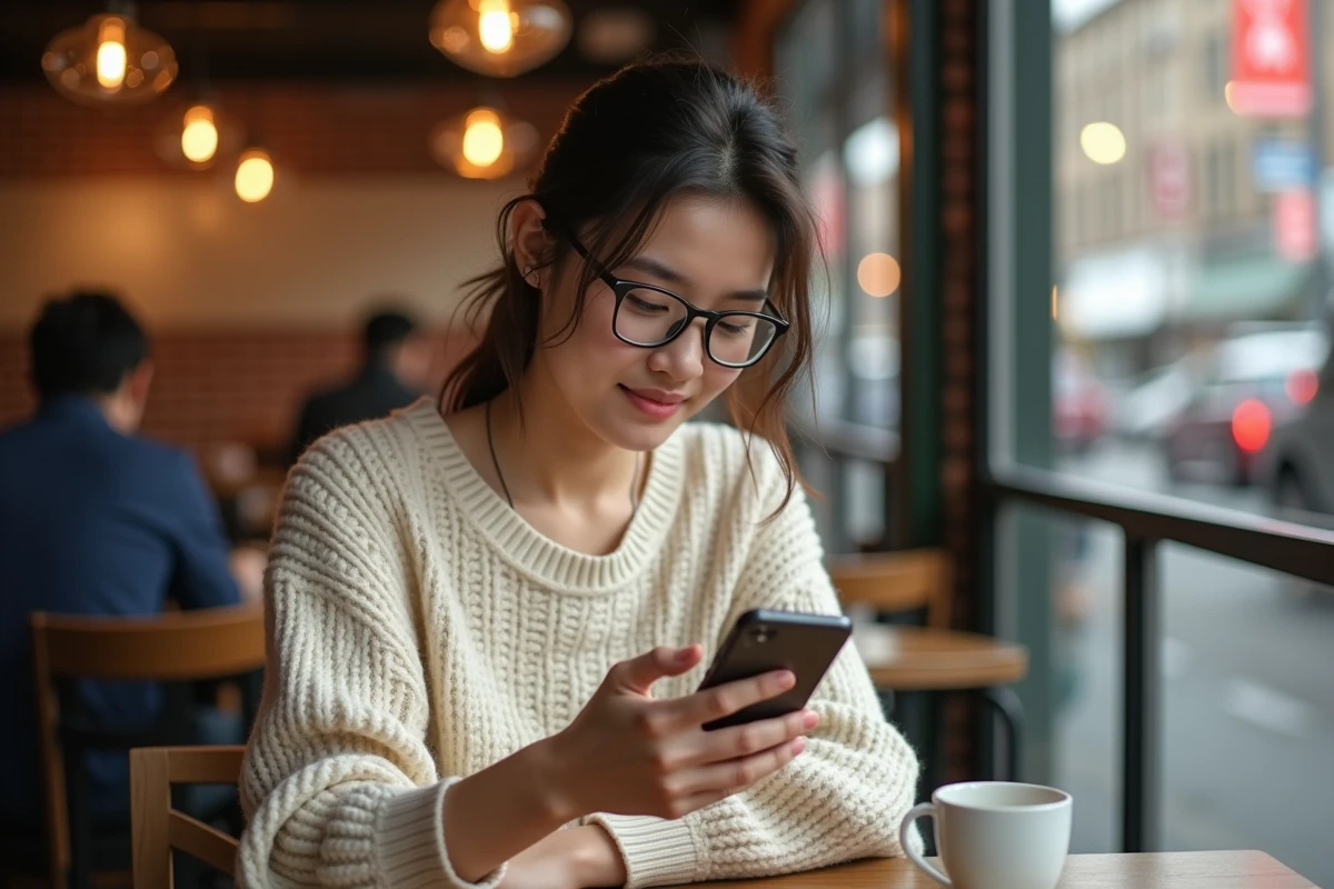 Jeune femme avec des lunettes lisant du manga sur smartphone dans un café urbain avec une tasse de café