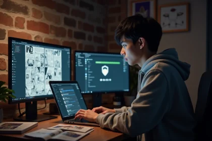 Jeune homme lisant des mangas en ligne sur laptop avec interface VPN visible sur un second écran dans un bureau à domicile