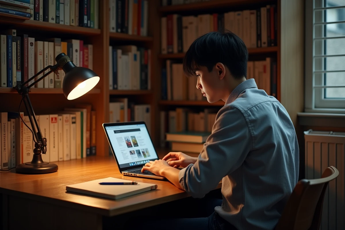 Jeune homme parcourant un site de lecture manga yaoi sur ordinateur dans une bibliothèque personnelle