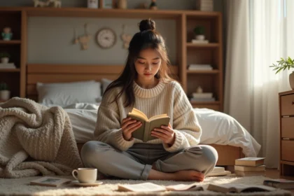 Jeune femme lisant un manga yaoi sur tablette dans une chambre cosy entourée de volumes manga