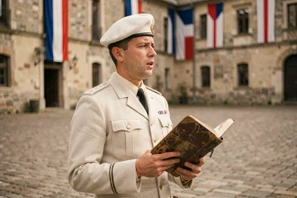 Légionnaire en tenue de cérémonie tenant un carnet de chants militaires sur une cour pavée historique