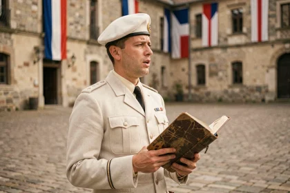 Légionnaire en tenue de cérémonie tenant un carnet de chants militaires sur une cour pavée historique