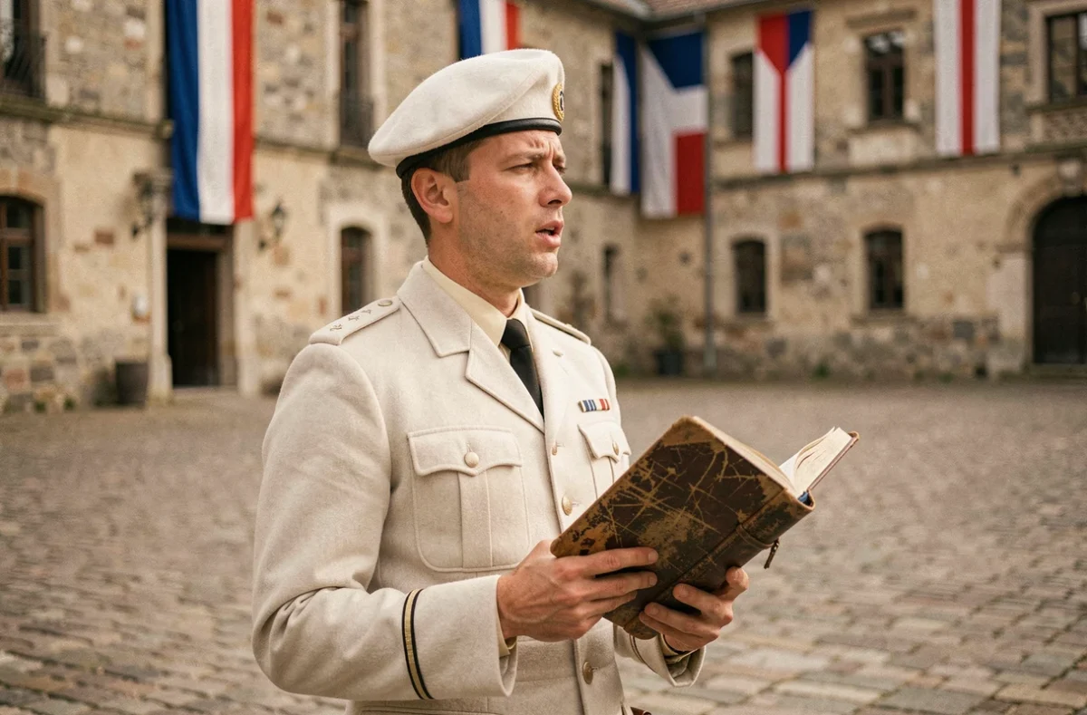 Légionnaire en tenue de cérémonie tenant un carnet de chants militaires sur une cour pavée historique