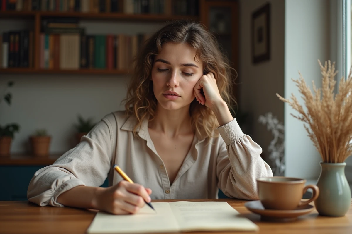 Femme émue écrivant une lettre d'amitié sincère à la main sur du papier crème dans une cuisine chaleureuse, exprimant un merci profond à une amie