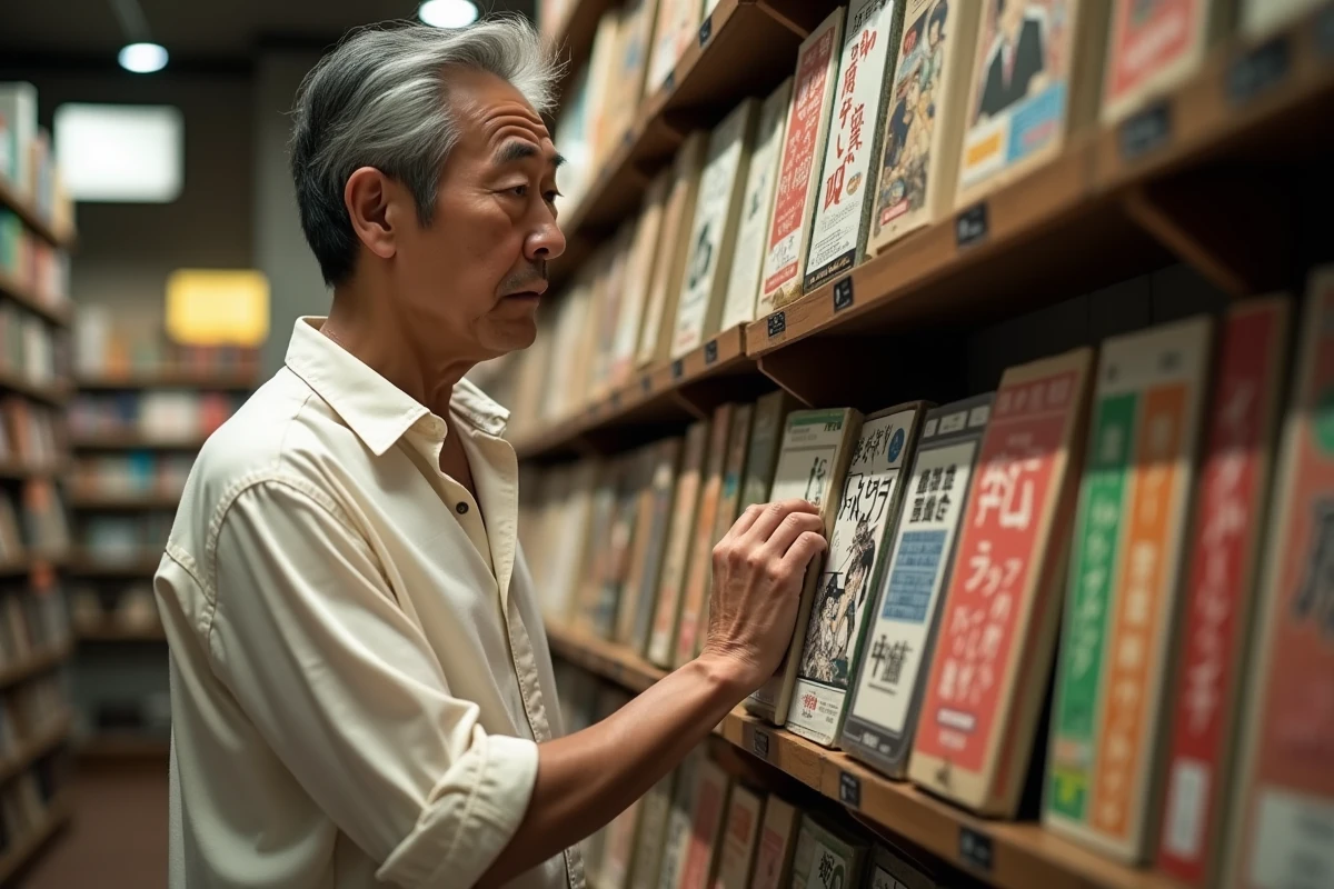 Homme japonais dans une librairie spécialisée manga à Tokyo devant une étagère de mangas classiques de l'ère Showa