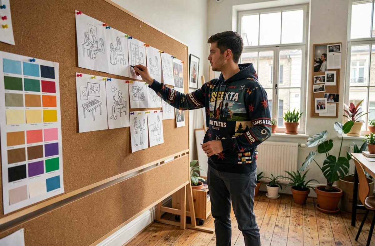 Créateur audiovisuel développant un storyboard dans un studio créatif breton