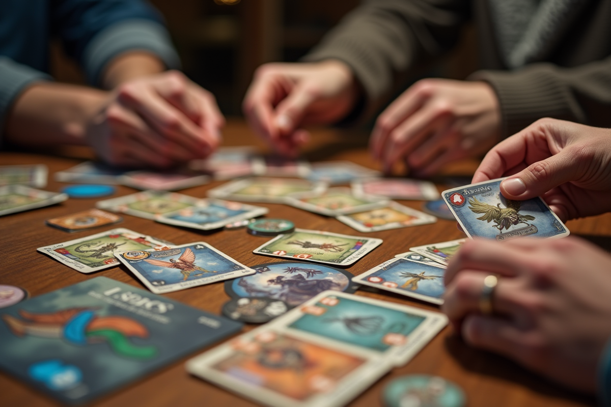 Mains manipulant des cartes 1000 Bornes sur une table en bois
