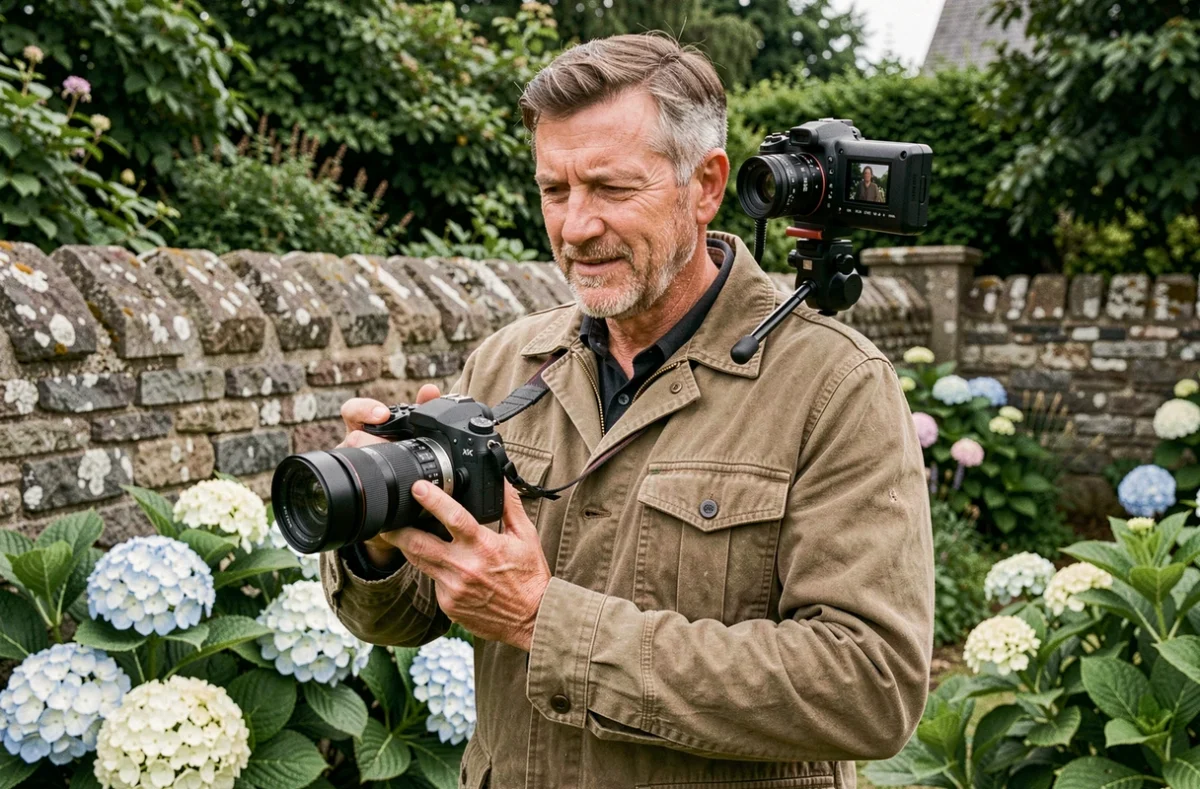 Photographe-vidéaste avec double équipement photo et vidéo dans un jardin breton