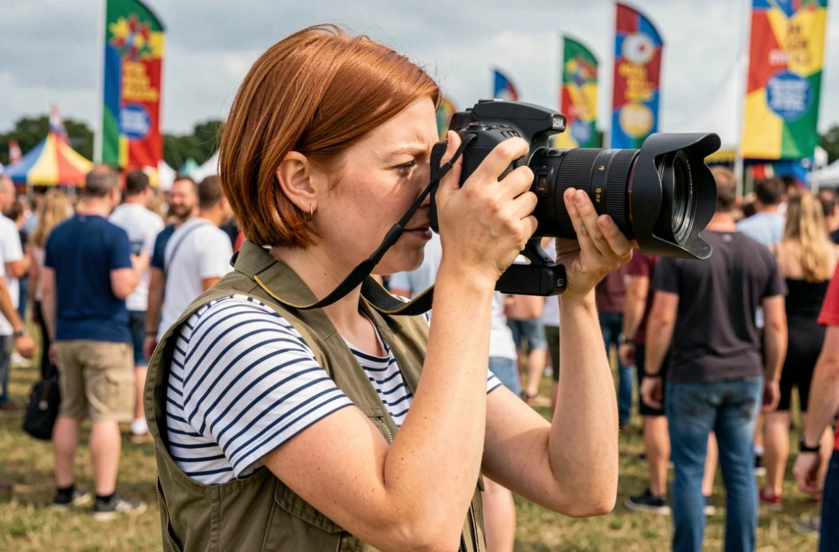 Vidéaste terrain filmant un événement festivalier en plein air en Bretagne avec une caméra épaule