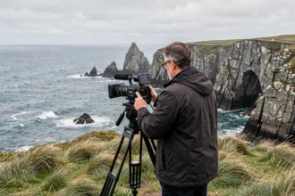 Vidéaste professionnel filmant le paysage côtier breton depuis une falaise de granit