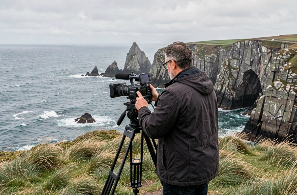 Vidéaste professionnel filmant le paysage côtier breton depuis une falaise de granit
