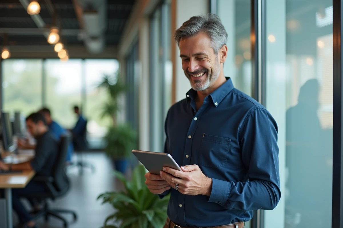 Homme en bureau moderne lisant un message chaleureux sur sa tablette en début de journée