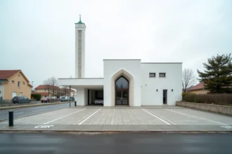Vue extérieure de la mosquée de Ris-Orangis avec le parking et les places PMR accessibles