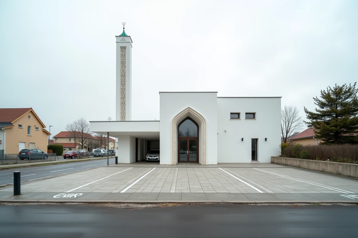 Vue extérieure de la mosquée de Ris-Orangis avec le parking et les places PMR accessibles