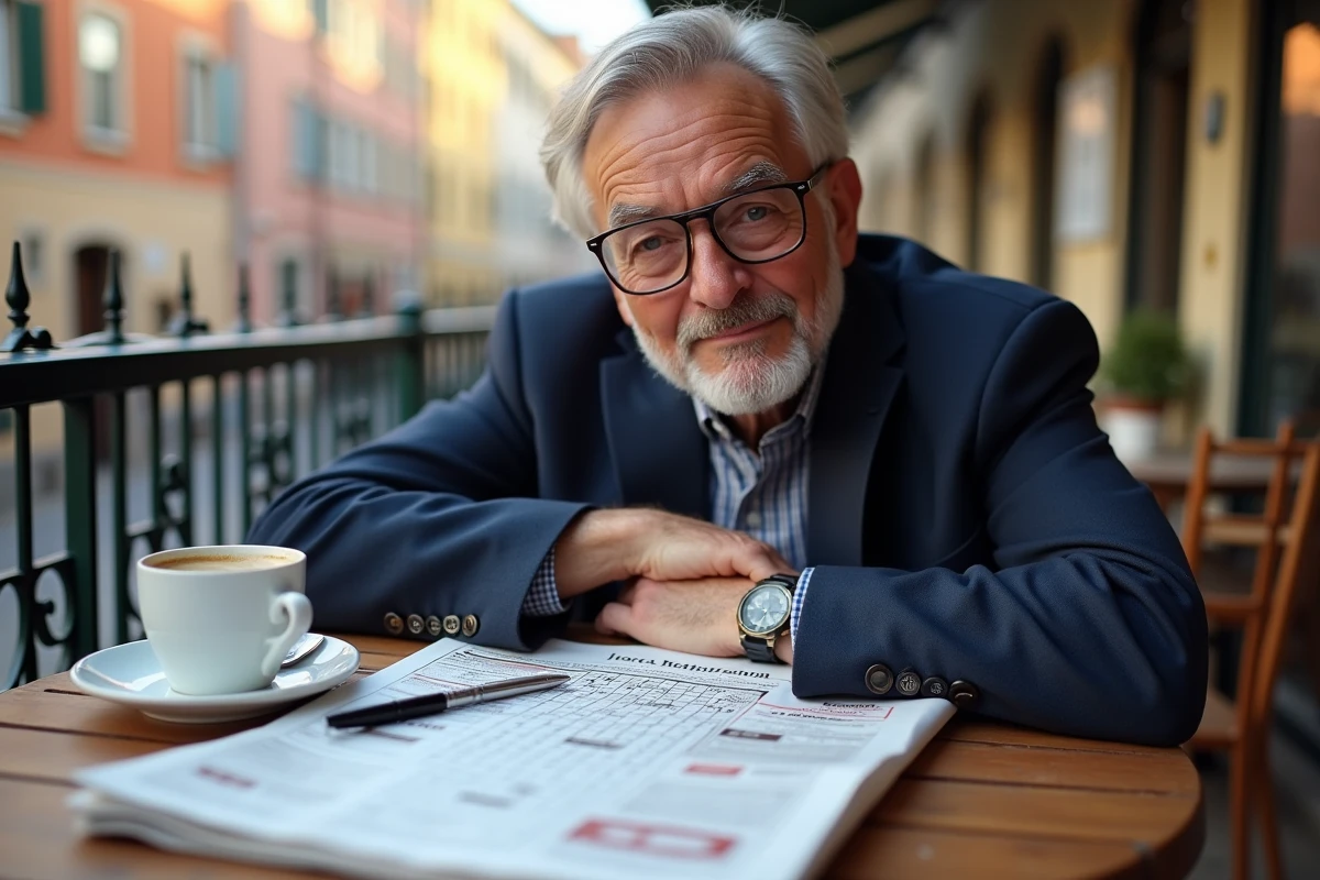 Homme résolvant des mots croisés sur une ville italienne en 5 lettres dans un café en terrasse