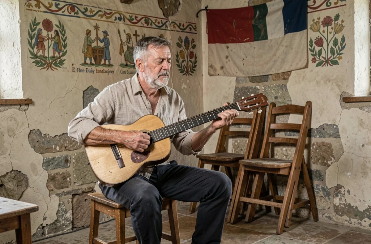 Musicien breton jouant la bombarde dans une salle de village, illustrant la transmission orale des gwers traditionnels