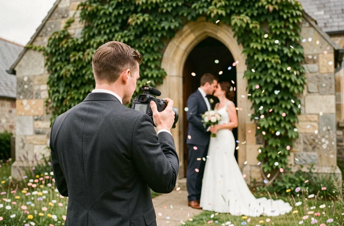 Vidéaste mariage filmant des mariés devant une chapelle en pierre bretonne à Rennes