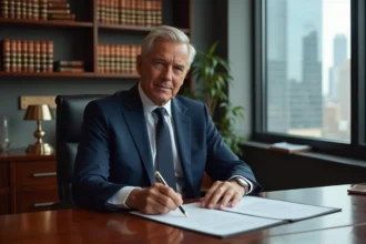 Notaire en costume dans son bureau moderne avec documents officiels