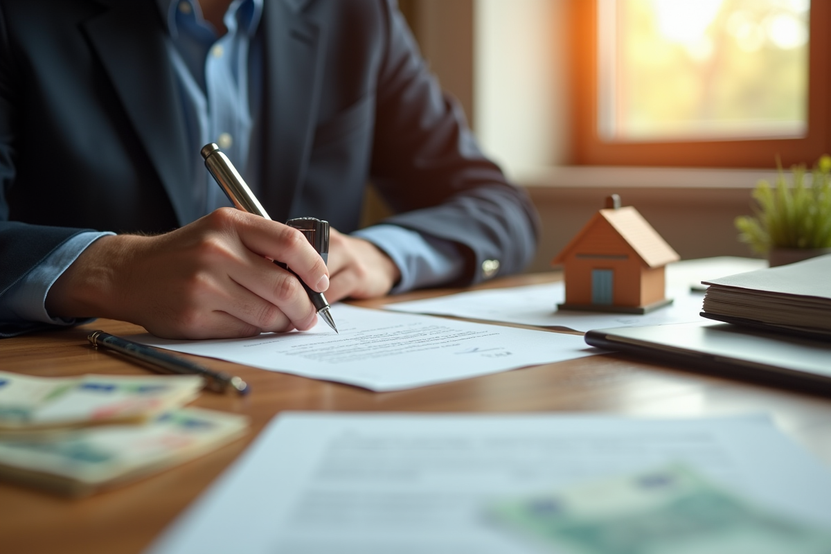 Notaire apposant le tampon sur des documents officiels avec des billets et une maison miniature