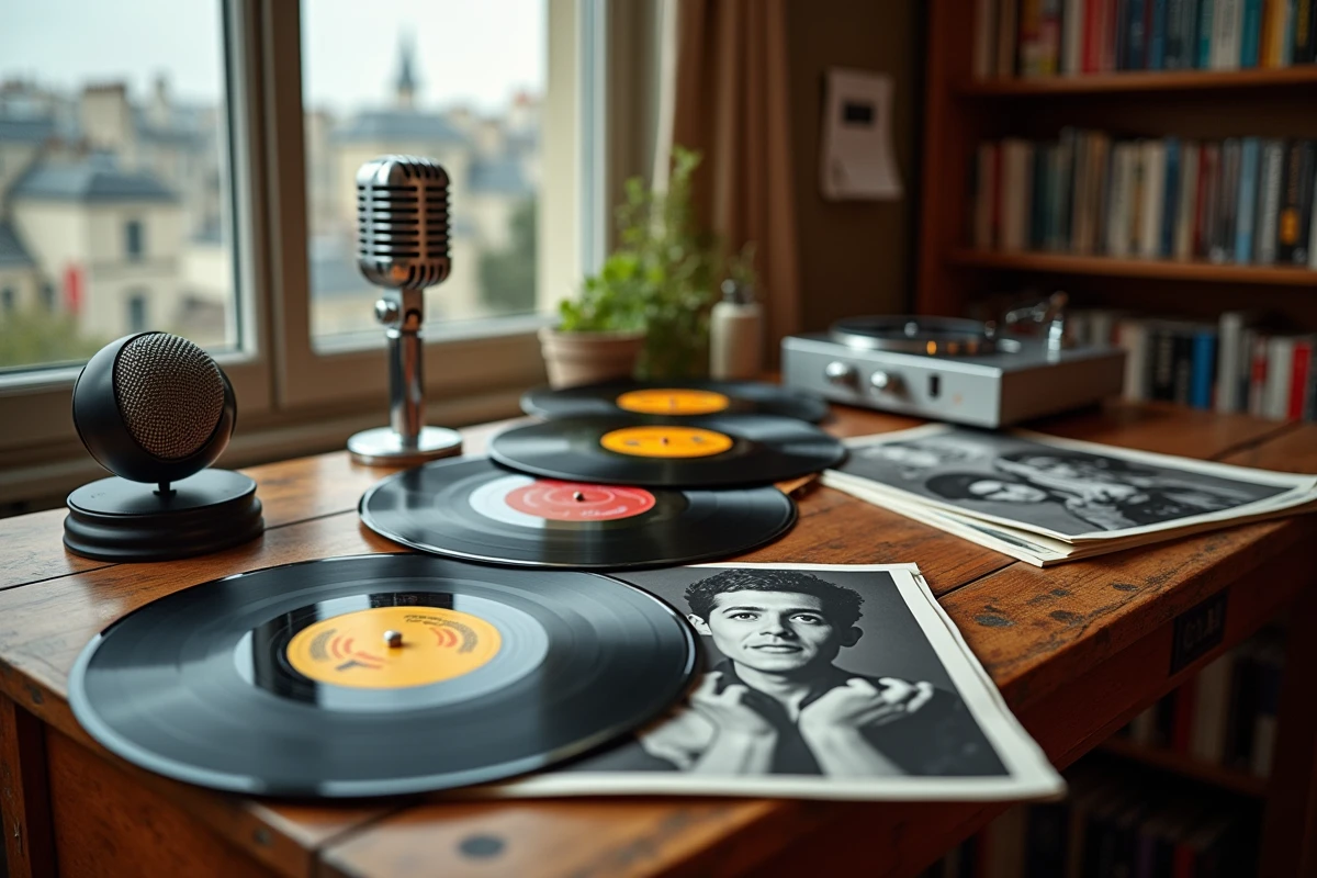 Collection d'objets musicaux vintage des années 60 : disques vinyle 45 tours, magnétophone à bande et magazine de chanson française sur une table en bois